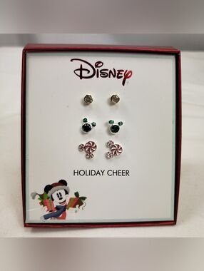 DISNEY Holiday Cheer Silver Tone Stud 3 Pair Earring Set NWT
